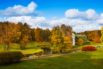 Temple of Friendship on bank of Slavyanka River in colorful autumn. Pavlovsk. Russia