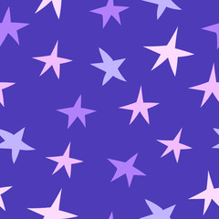 Pink stars on a purple background. Seamless vector pattern.. Decoration for gift wrapping paper, fabric, clothing, textiles, surface textures, scrapbooking