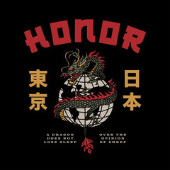 Asian Dragon Around The Globe with Honor Slogan and Japan Tokyo Words with Japanese Letters