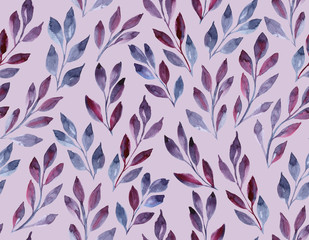 Watercolor illustration. Seamless pattern with gray, purple twigs on a pink background.