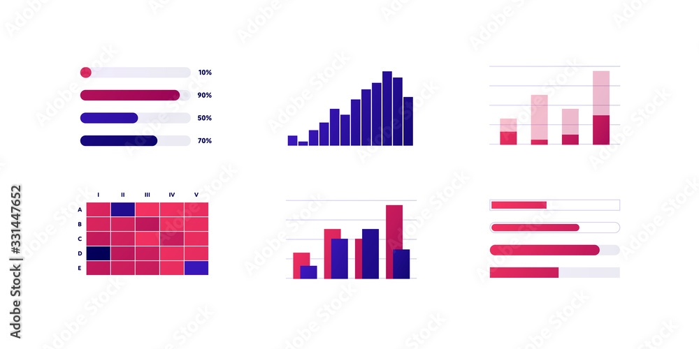 Poster infographic element collection. vector flat color illustration set. column bar chart isolated on whi