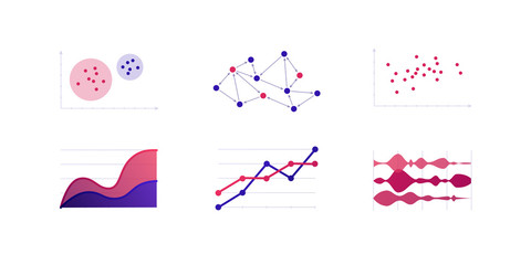 Infographic element collection. Vector flat color illustration set. Line, area, stream chart on white. Sociogram, cluster analysis diagram. Design for ui, science poster, marketing, presentation