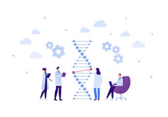 Science genetic laboratory and gene editing concept. Vector flat person illustration. Multiethnic male and female scientist with dna sign. Text book and laptop. Design for medicine banner