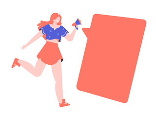 Energetic girl runs with a loudspeaker. Important message. Empty speech bubble for the text. Vector flat illustration.