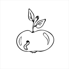 Apple with a worm. Coloring. Isolated on a white background. Stock vector illustration. Minimalism. Hand drawn. Doodle oof different tree set hand draw illustration. Eco-friendly product.