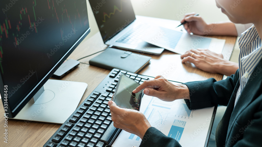 Poster working business man, team of broker or traders talking about forex on multiple computer screens of 