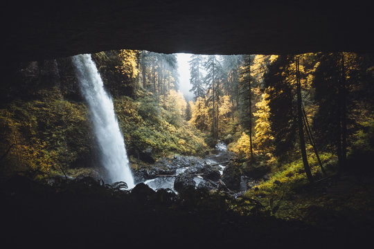 Massiver Wasserfall &uuml;ber Kante St&uuml;rzend in Becken umrundet von kanadischen Tannen und herbstlaub im Vordergrund 