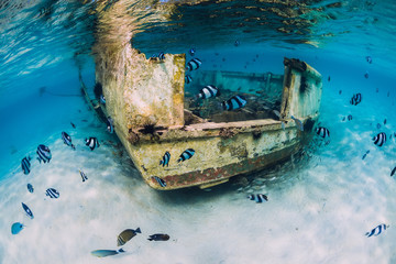 Ocean with wreck of boat on sandy bottom and tropical fish underwater in Mauritius