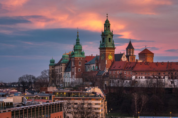View of the Cathedral and adoining buildings within the Wawel Royal Castle complex on Wawel Hill in Krakow, Poland