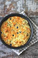 Selective focus. Frying pan with a pie with cabbage and olives. Freshly baked homemade cabbage pie. Healthy food.