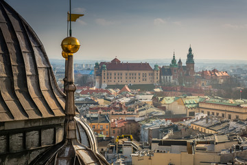 View of the Cathedral and adoining buildings within the Wawel Royal Castle complex on Wawel Hill in Krakow, Poland - obrazy, fototapety, plakaty
