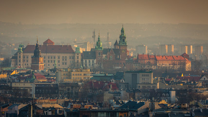 Fototapeta premium View of the Cathedral and adoining buildings within the Wawel Royal Castle complex on Wawel Hill in Krakow, Poland