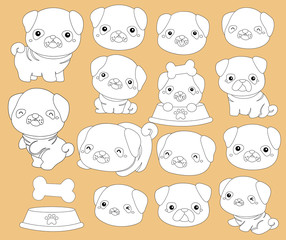 a vector of pugs in black and white 
