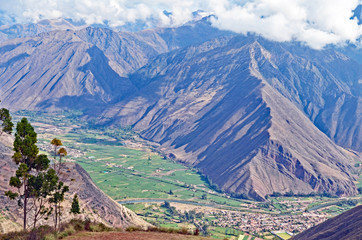 Looking down into the Sacred Valley of the Incas, also known as the Urubamba Valley. This is in the Andes of Peru not far from the Inca capital of Cusco.