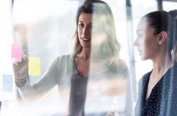 Two business young women working together on wall glass with post it stickers on coworking space.