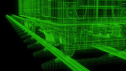 Train and Rail Wireframe with gorgeous bloom effect, all green color with black background, Highly detailed train in and out. Best for background and other uses.