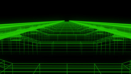 Rail Wireframe with gorgeous bloom effect, all green color with black background, Highly detailed in and out. Best for background and other uses.