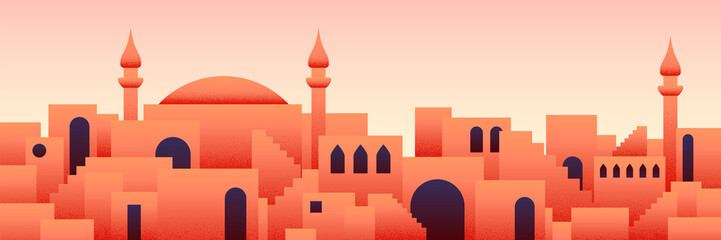 Arabic city panorama in orange desert color with mosque silhouettes