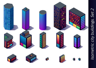 Isometric buildings for map, game or decoration with downtown, industrial and residental district models