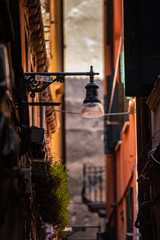 Fototapeta na wymiar the lonely lamp in the streets of Venice surrounded by the old houses with beautiful colors and a blurred background 