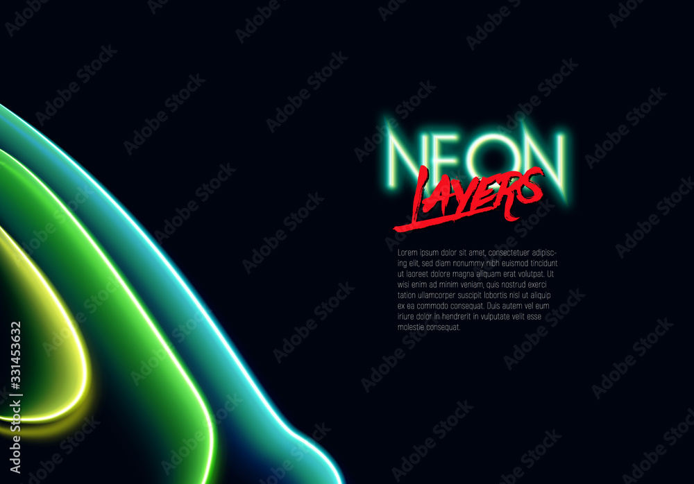 Poster neon glass layers stacked with reflections for 80s or 90s styled abstract background in synthwave, r