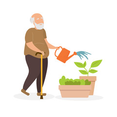 An elderly old man is watering flowers. Courts the garden. Engaged in active activities. Prevention of dementia and Alzheimer's syndrome. Retired life.