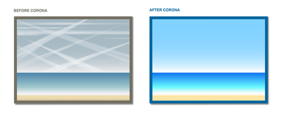 Fototapeta premium Before coronavirus and after coronavirus. Air pollution caused by contrails of airplanes - ocean view with many condensation trails in the sky and clear blue sky without contrails.