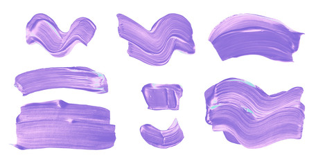 Acrylic hand painted pastel purple brush strokes collection isolated on white background - design element, clip art