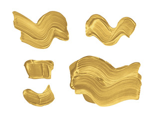 Acrylic hand painted gold brush strokes collection isolated on white background - design element, clip art