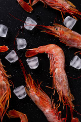 Large red shrimp with ice and see salt on black background. Close up. Vertical format.