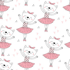 hand drawn Sample pattern with Cat, ballerina illustration, children print on t-shirt. - 331454296