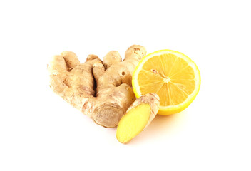 ginger root with lemon on a white background
