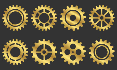 Golden isolated gears vector set. Cog icons