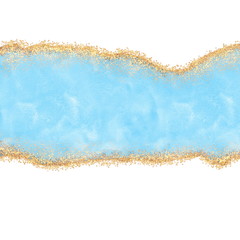 Blue watercolor texture with gold. Abstract background