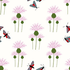 Six spot burnet butterfly seamless vector pattern background. Day flying moth on pink knapweed backdrop. Scottish coastal insect design. All over print for Scotland summer vacation,wildlife concept