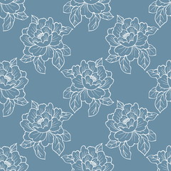 Elegance seamless pattern with flower peony. Blue and white line illustration