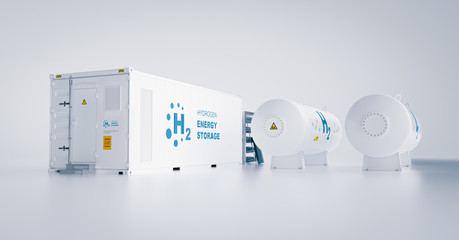 Renewable energy storage - hydrogen gas to clean electricity facility situated on white background. 3d rendering.
