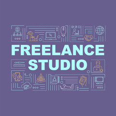 Freelance studio word concepts banner. Designer workspace at home. Working remotely. Infographics with linear icons on purple background. Isolated typography. Vector outline RGB color illustration