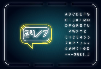 24 7 hour online chat neon light icon. Twenty four seven hours call center. Everyday helpline. Outer glowing effect. Sign with alphabet, numbers and symbols. Vector isolated RGB color illustration