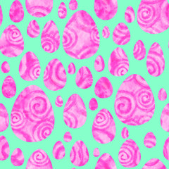 Watercolor pink eggs on mint-green  background. Bright Easter seamless pattern. Hand-painted texture with spiral, splashes, drops, gradients. Watercolor stock illustration. Happy Easter day.