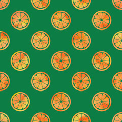Watercolor sliced ​​oranges on green christmas background. Seamless pattern. Watercolor illustration.