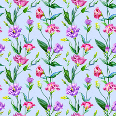 Seamless pattern of eustoma flowers on a blue background, watercolor illustration, decorative floral print for fabric and other designs.