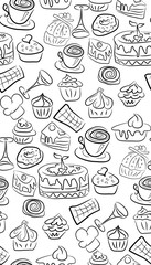 Sweet doodle pattern with cupcakes, cakes, candies and cones. hand drawn seamless pattern.