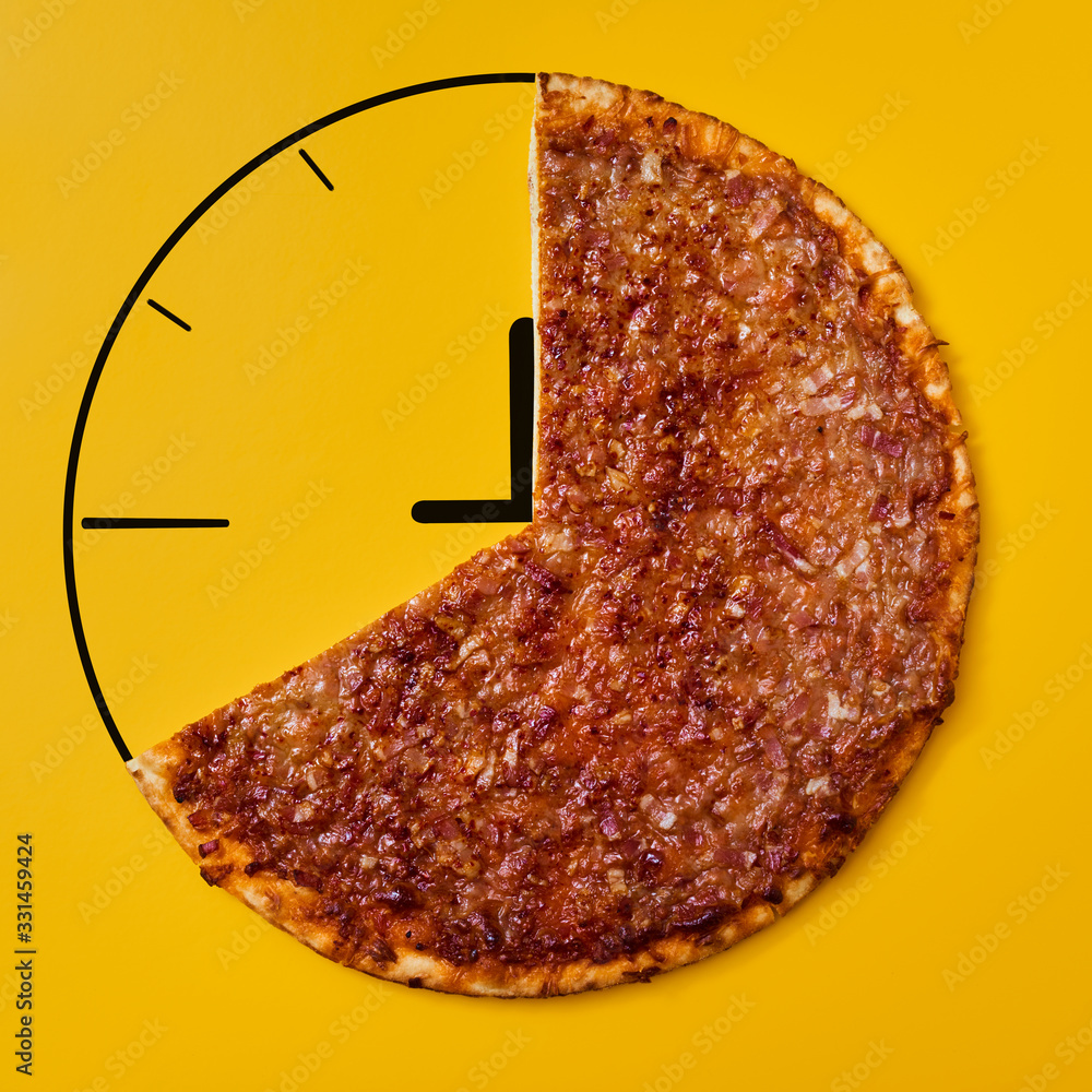 Poster pizza time: pizza and drawing of a clock