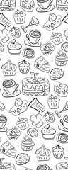 Sweet doodle pattern with cupcakes, cakes, candies and cones. hand drawn seamless pattern.