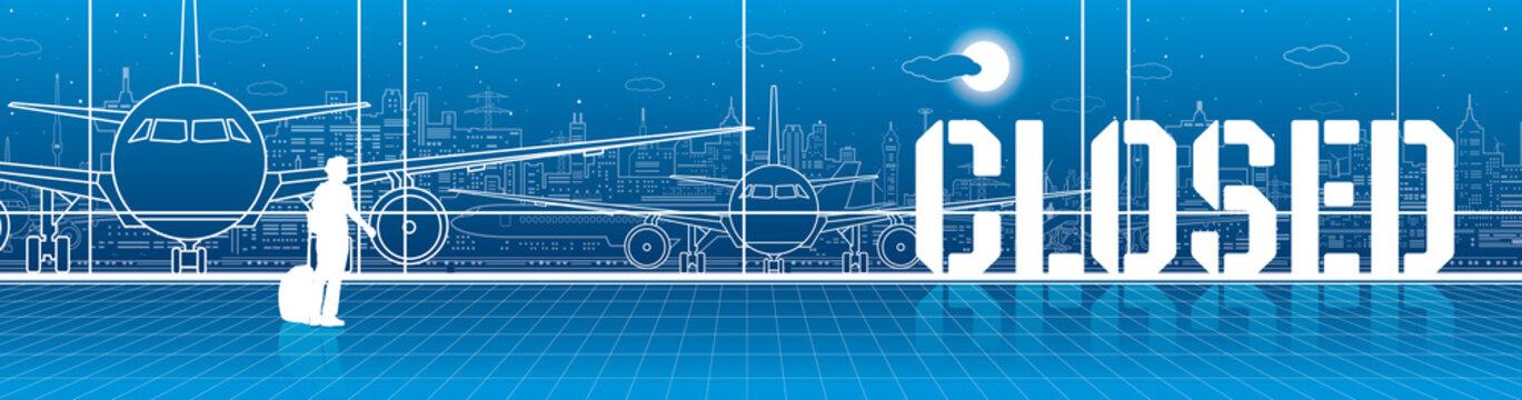 Airport terminal does not work. Air traffic closed. Quarantine. Airplanes stand on the runway. Vector illustration