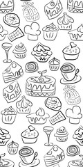 Hand drawn sweets and candies pattern. doodles. Isolated food on white background. Seamless texture.