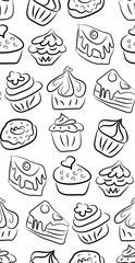 Hand drawn sweets and candies pattern. doodles. Isolated food on white background. Seamless texture.