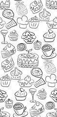 Hand drawn sweets and candies pattern. doodles. Isolated food on white background. Seamless texture.