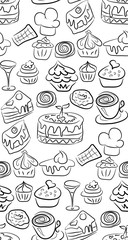 Sweet doodle pattern with cupcakes, cakes, candies and cones. hand drawn seamless pattern.